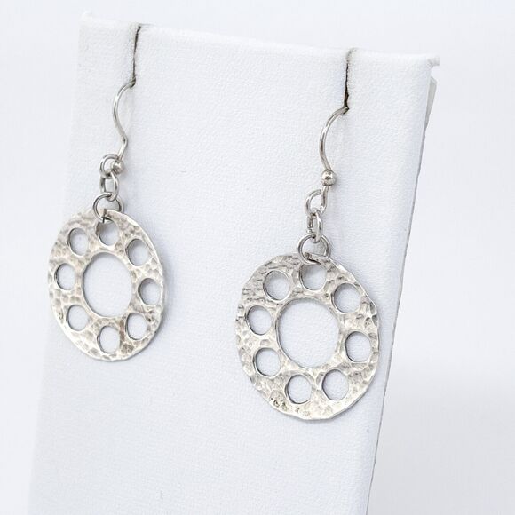 Vintage Sterling Silver 925 Hammered Openwork Dangle Earrings - Picture 4 of 7